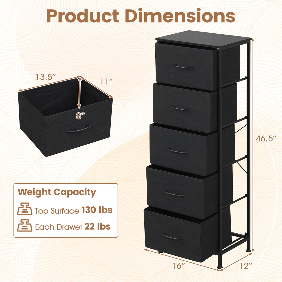 Dresser Nightstand with 5 Roomy Fabric Drawers for Bedroom-Black