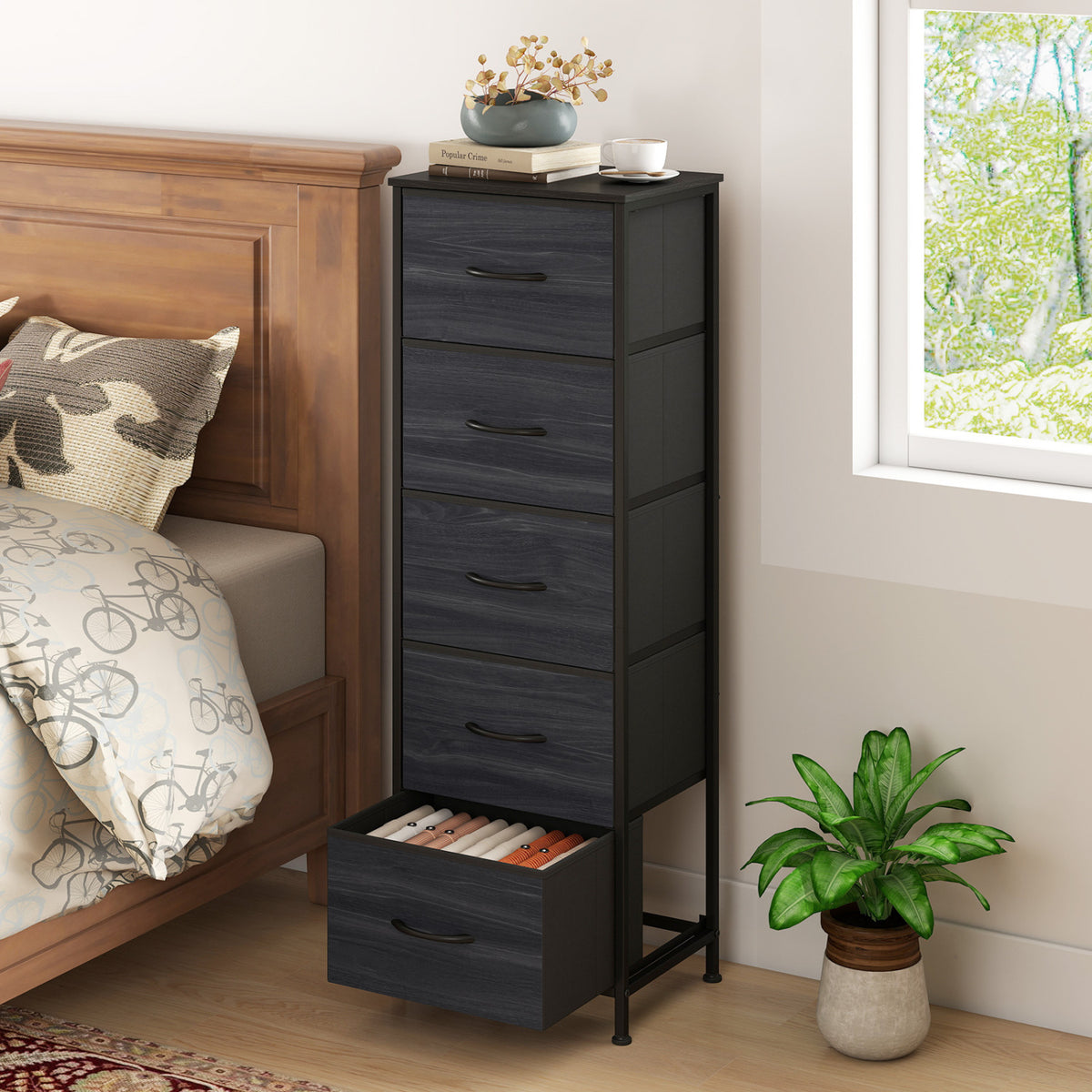 Dresser Nightstand with 5 Roomy Fabric Drawers for Bedroom-Charcoal Black