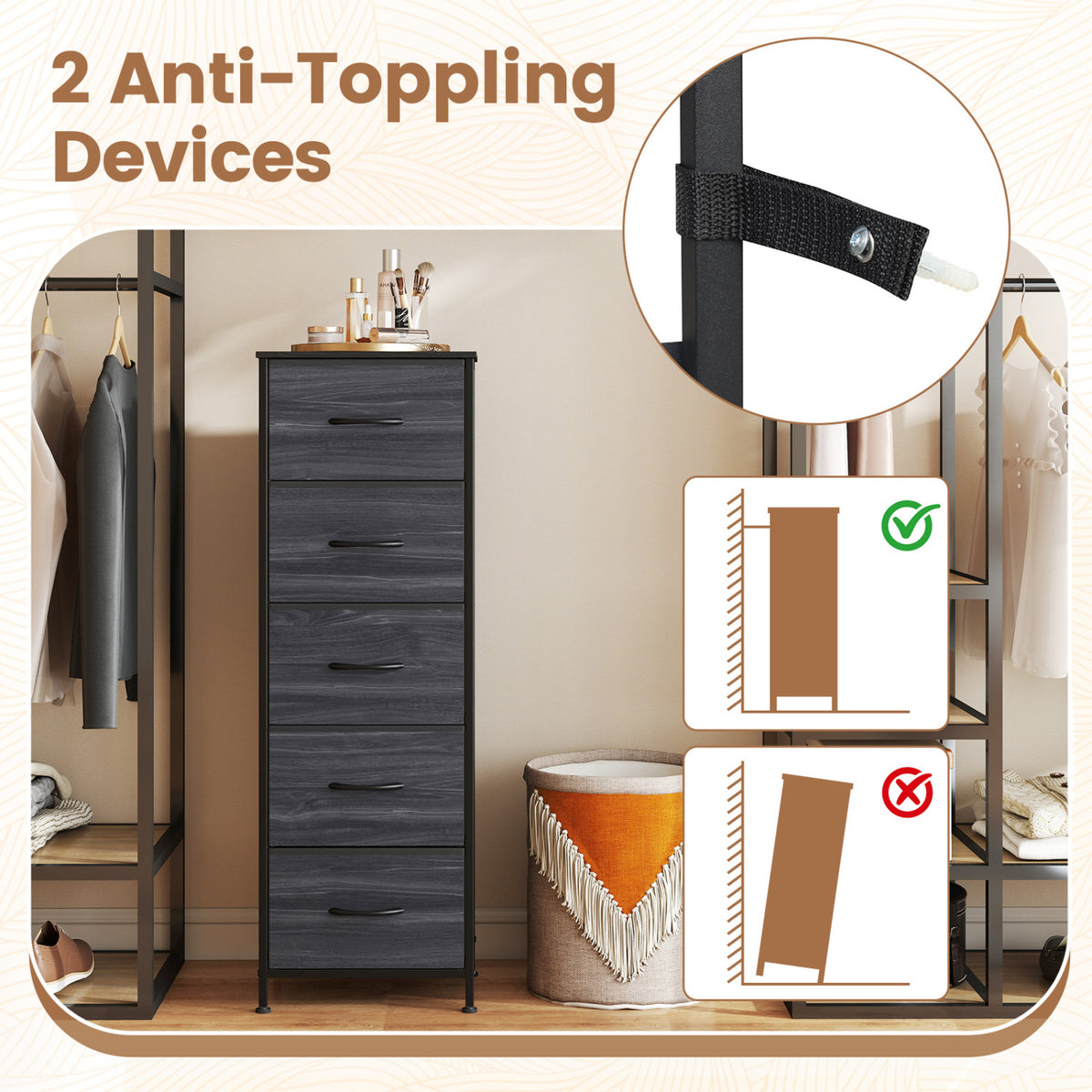 Dresser Nightstand with 5 Roomy Fabric Drawers for Bedroom-Charcoal Black