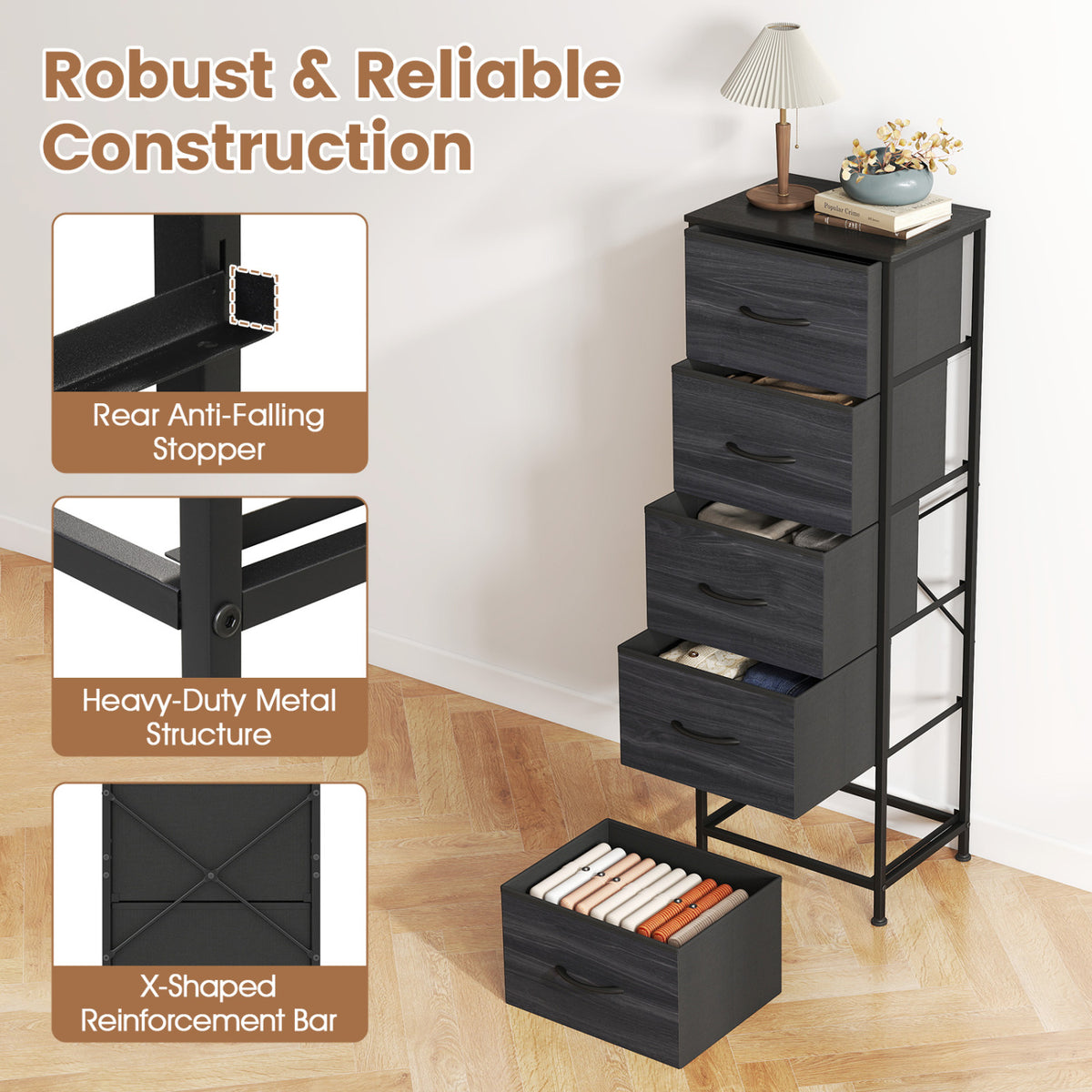 Dresser Nightstand with 5 Roomy Fabric Drawers for Bedroom-Charcoal Black