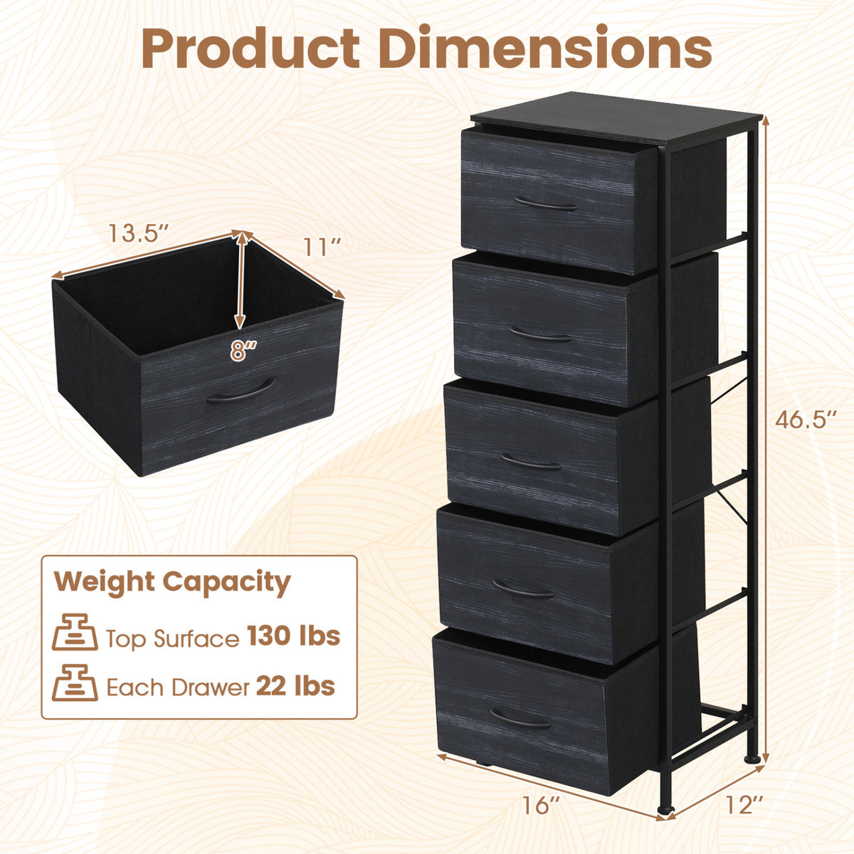 Dresser Nightstand with 5 Roomy Fabric Drawers for Bedroom-Charcoal Black