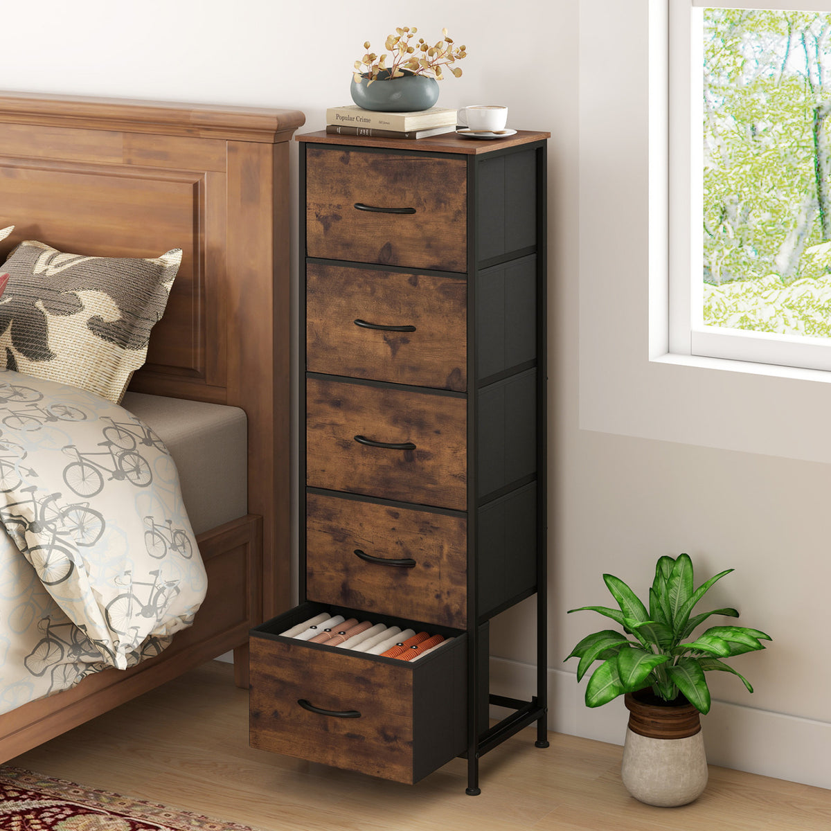 Dresser Nightstand with 5 Roomy Fabric Drawers for Bedroom-Rustic Brown