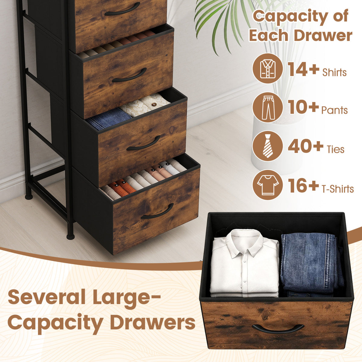 Dresser Nightstand with 5 Roomy Fabric Drawers for Bedroom-Rustic Brown
