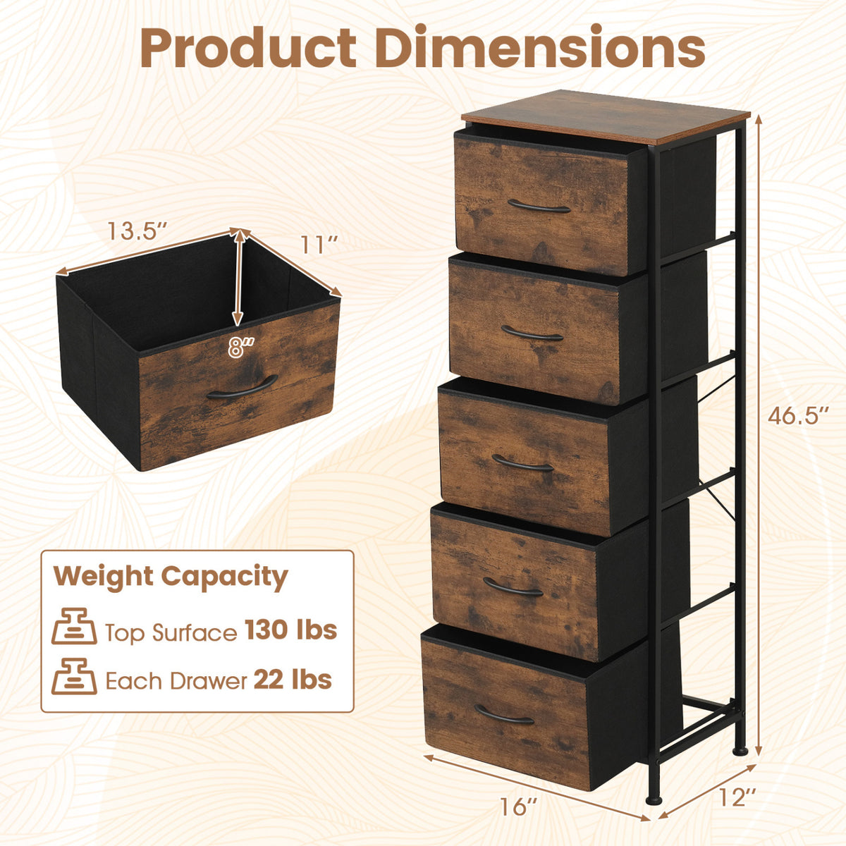Dresser Nightstand with 5 Roomy Fabric Drawers for Bedroom-Rustic Brown