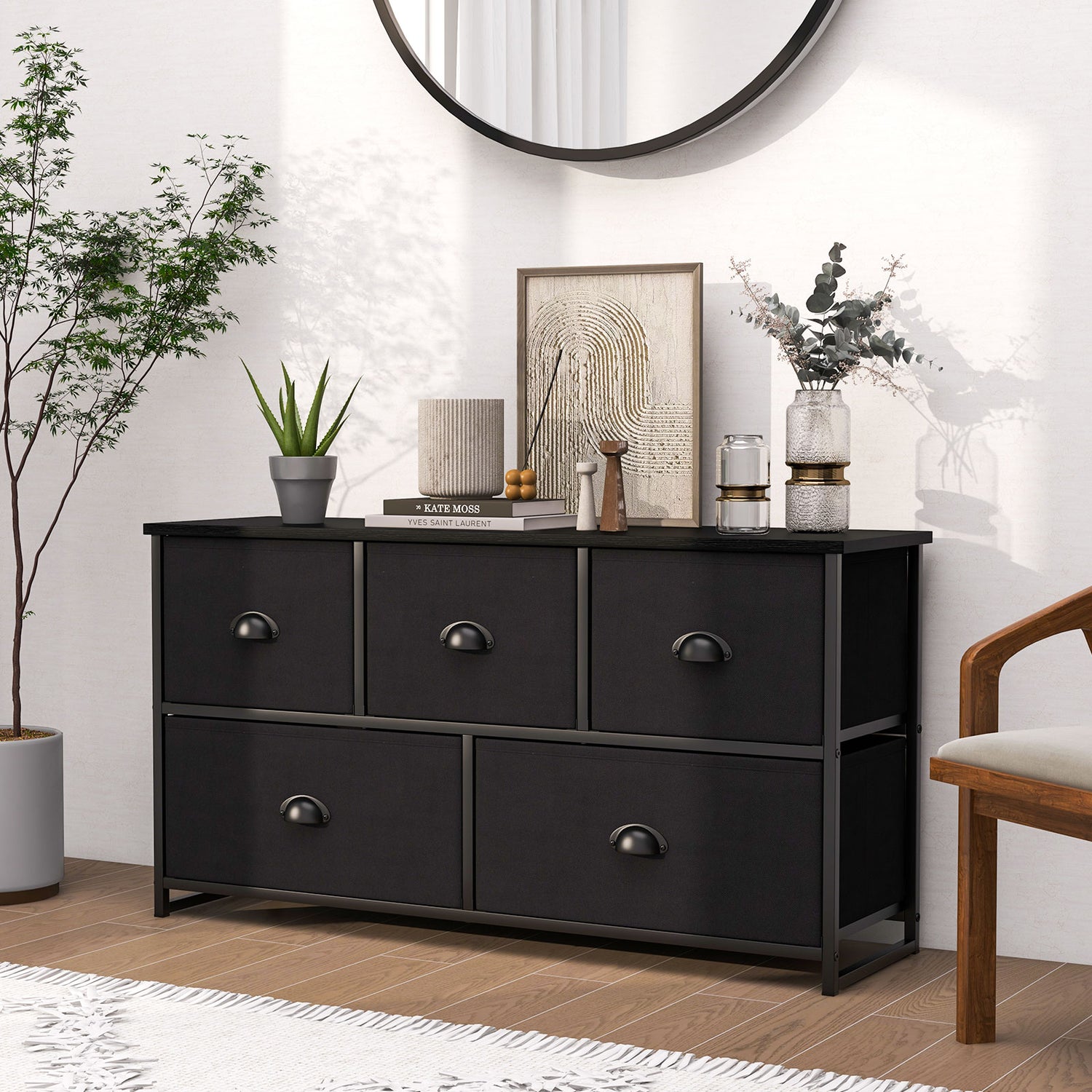Dresser Storage Tower with 5 Foldable Cloth Storage Cubes-Black