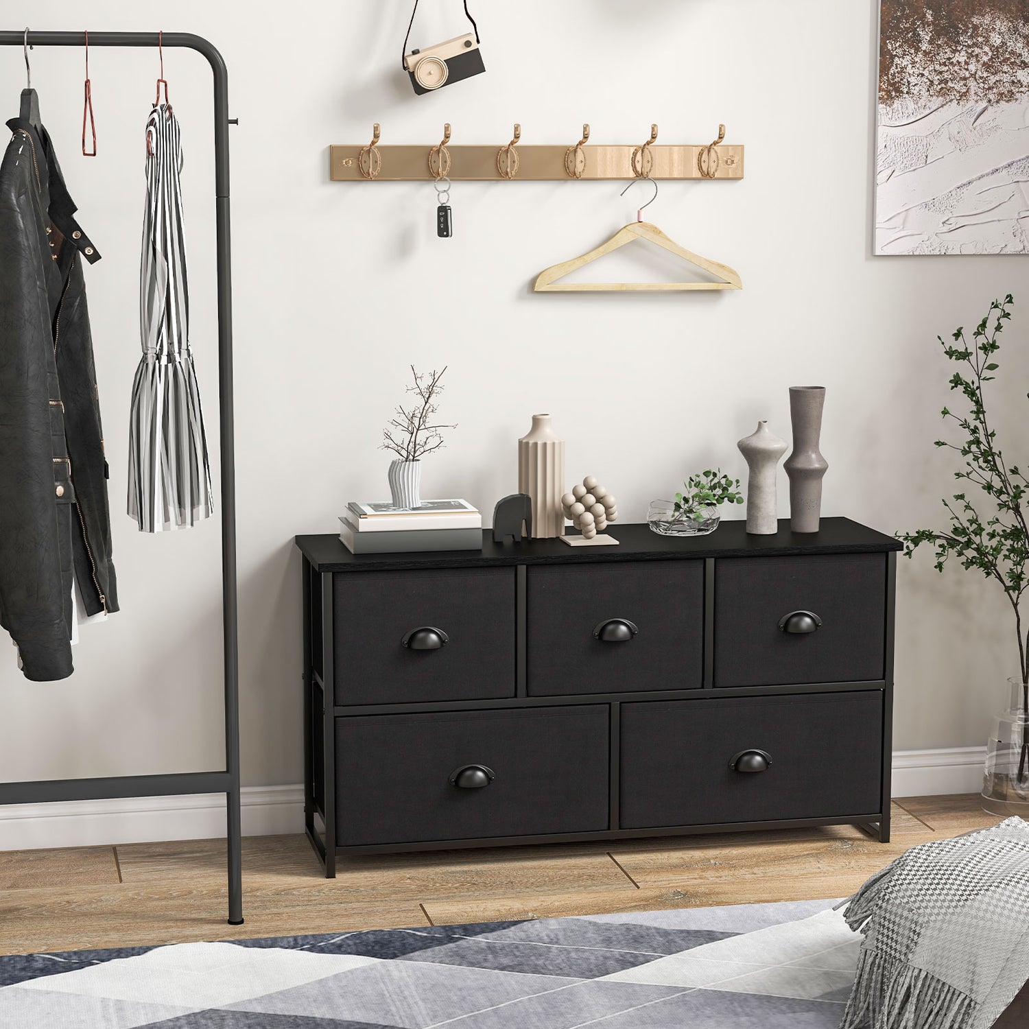 Dresser Storage Tower with 5 Foldable Cloth Storage Cubes-Black