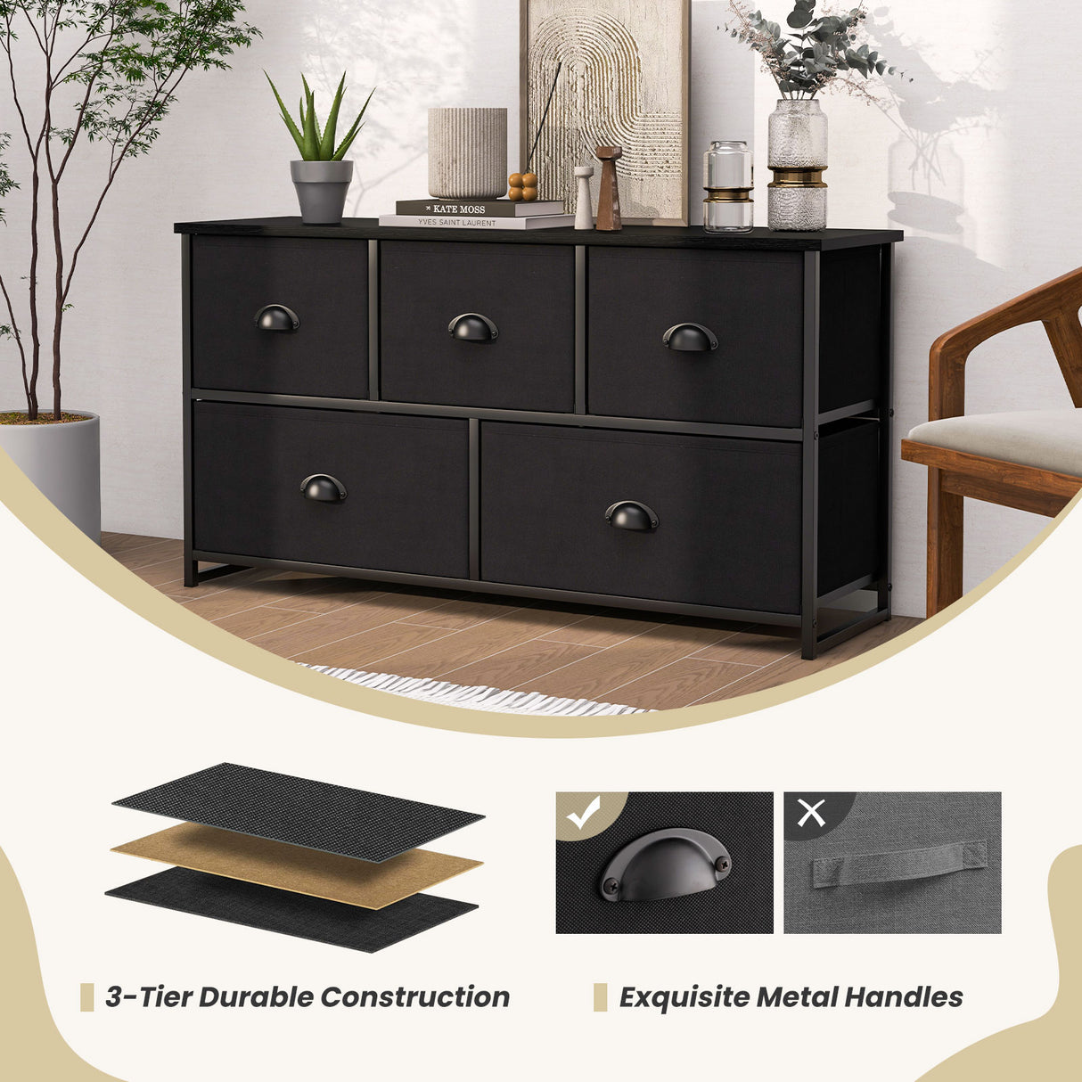 Dresser Storage Tower with 5 Foldable Cloth Storage Cubes-Black