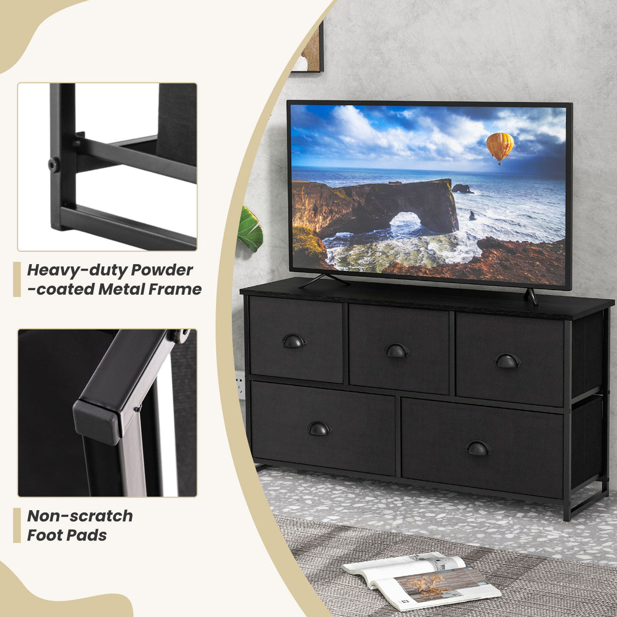 Dresser Storage Tower with 5 Foldable Cloth Storage Cubes-Black