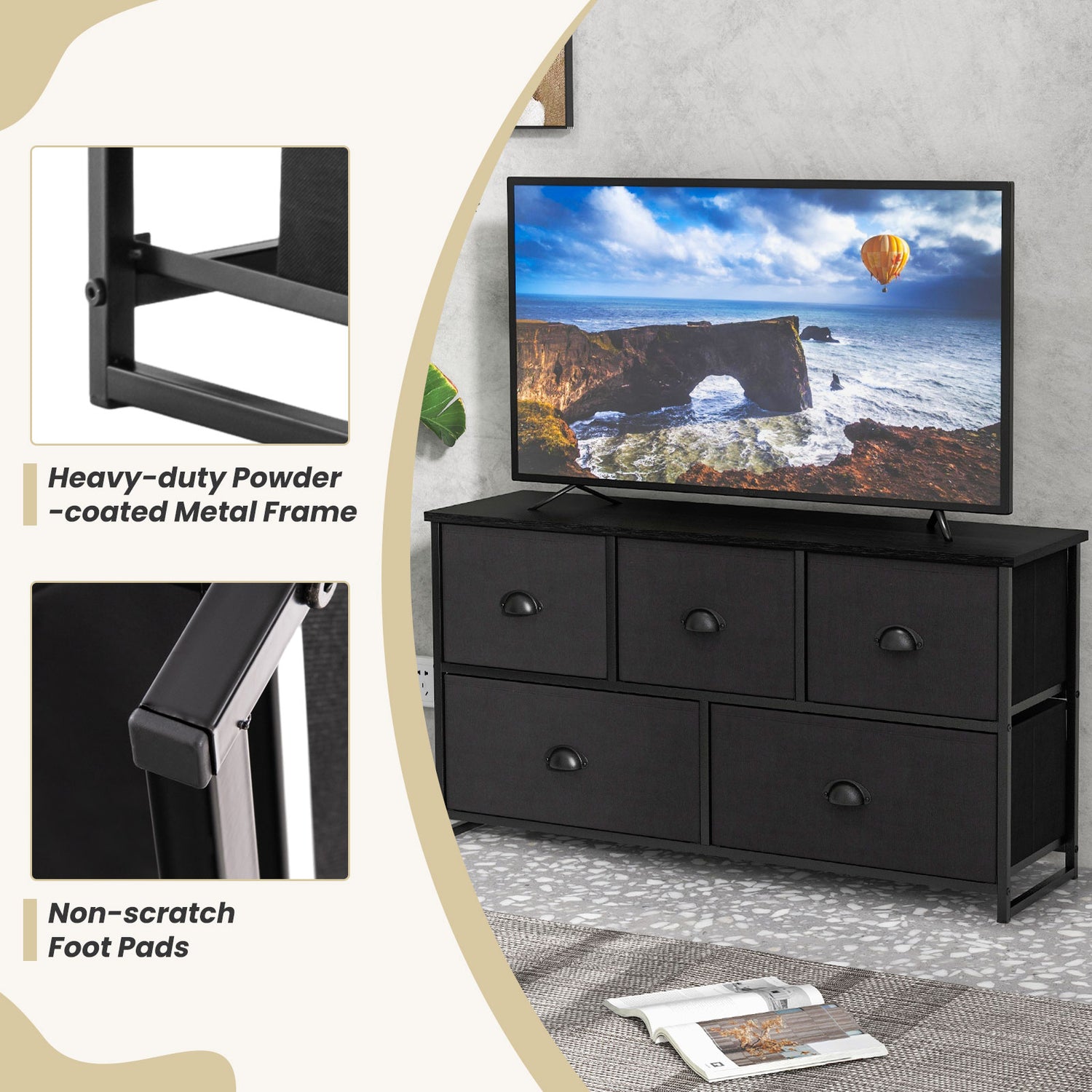 Dresser Storage Tower with 5 Foldable Cloth Storage Cubes-Black