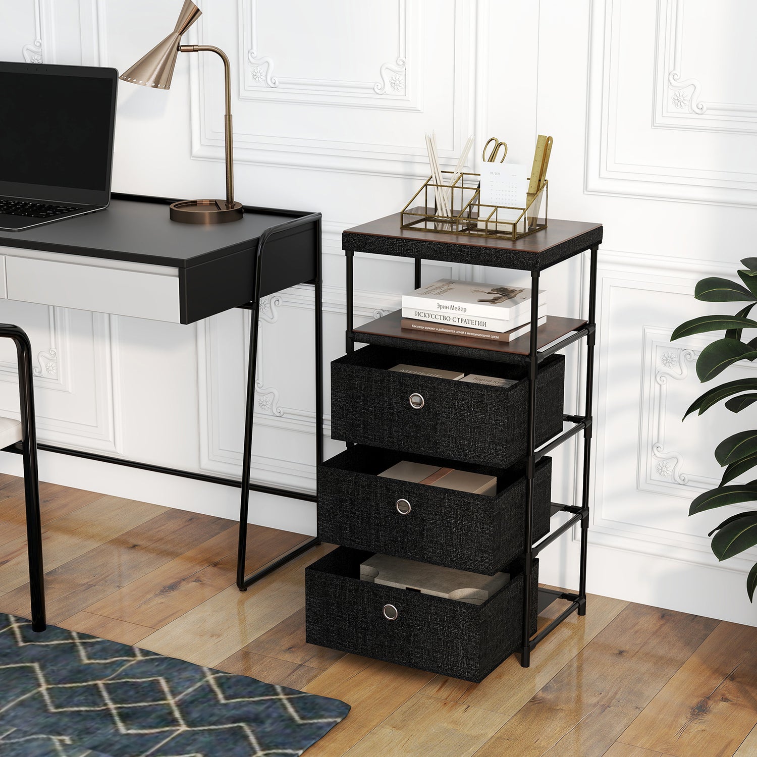 Dresser with 3/4 Drawers Fabric Storage Tower with Wood Top and Metal Frame-M