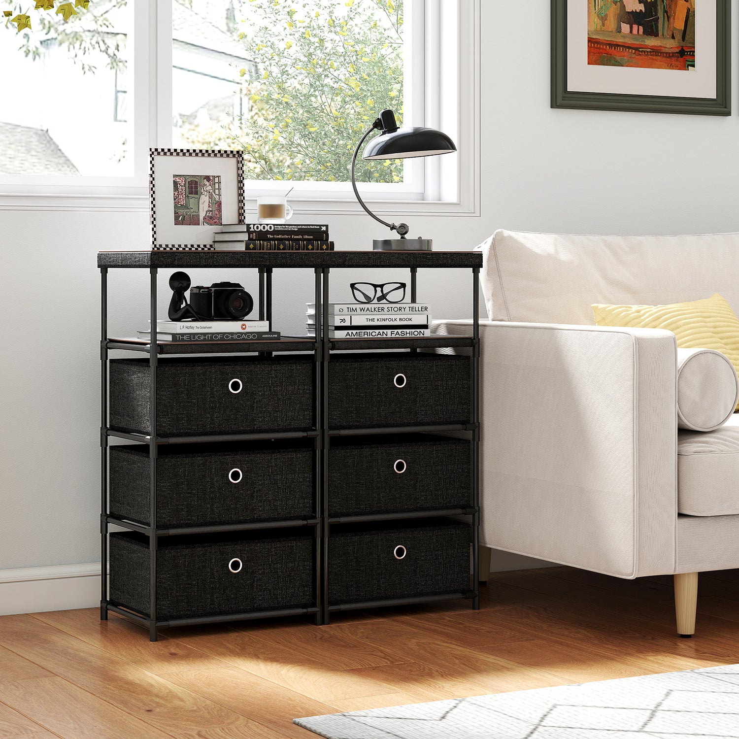 Dresser with 3/4 Drawers Fabric Storage Tower with Wood Top and Metal Frame-M