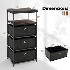 Dresser with 3/4 Drawers Fabric Storage Tower with Wood Top and Metal Frame-M