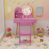 Kids Princess Makeup Dressing Desk and Chair Set with Mirror and Lights-Pink