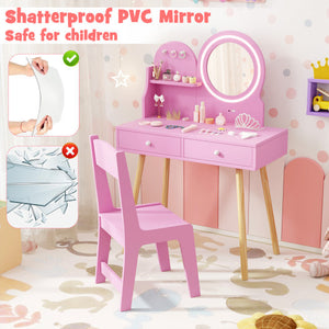 Kids Princess Makeup Dressing Desk and Chair Set with Mirror and Lights-Pink