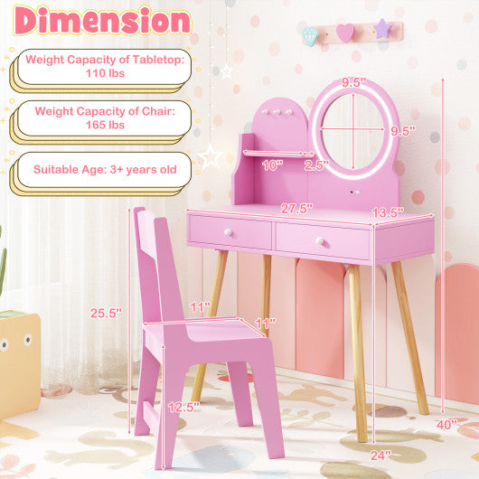 Kids Princess Makeup Dressing Desk and Chair Set with Mirror and Lights-Pink