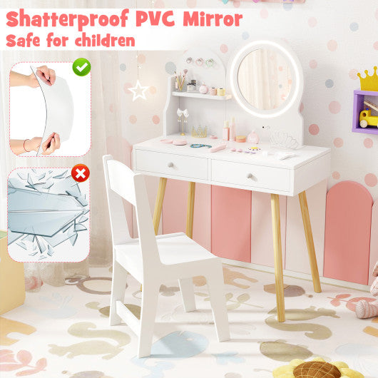 Kids Princess Makeup Dressing Desk and Chair Set with Mirror and Lights-White