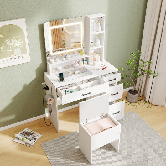 Dressing Desk with 3 Color Lighting and Hair Dryer Stand-White