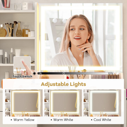 Vanity Dressing Table and Chair Set with Mirror and Lights-White