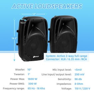 Dual 10 Inch 1600W Powered Mic Speaker Speakers with Bluetooth
