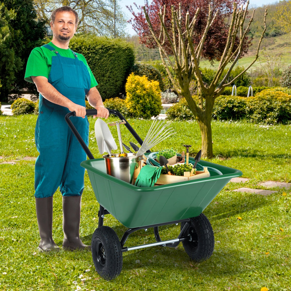 Dual-Wheel Wheelbarrow Garden Utility Cart with Pneumatic Tires-Green