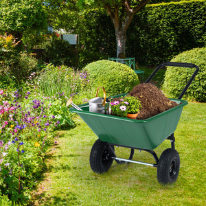 Dual-Wheel Wheelbarrow Garden Utility Cart with Pneumatic Tires-Green