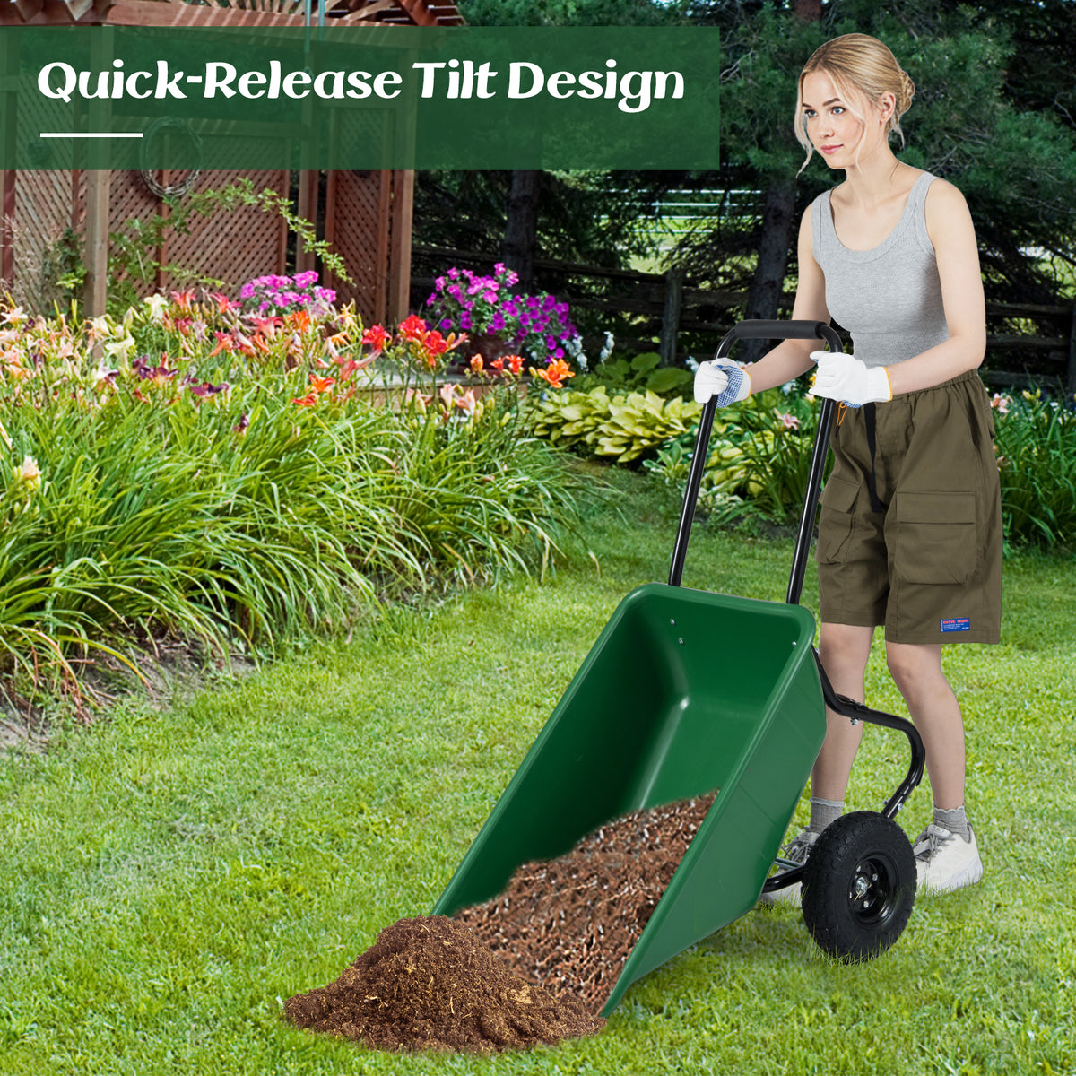 Dual-Wheel Wheelbarrow Garden Utility Cart with Pneumatic Tires-Green