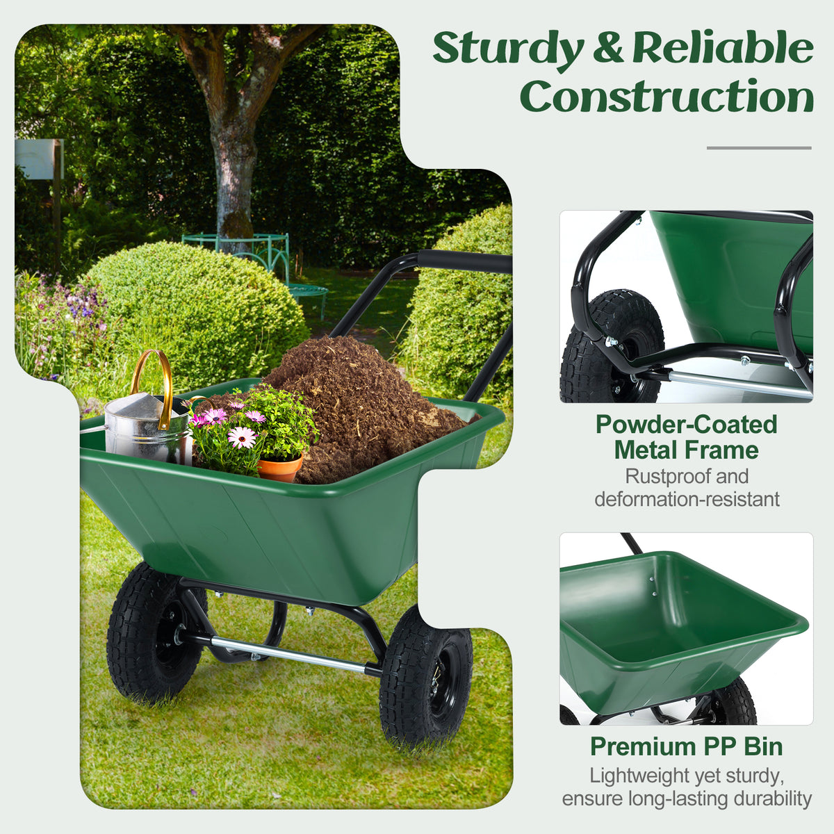 Dual-Wheel Wheelbarrow Garden Utility Cart with Pneumatic Tires-Green
