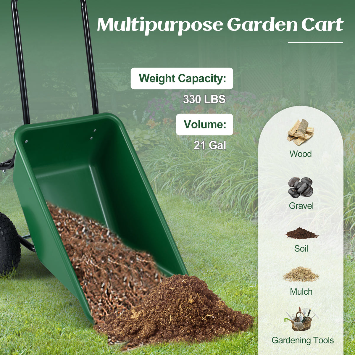 Dual-Wheel Wheelbarrow Garden Utility Cart with Pneumatic Tires-Green