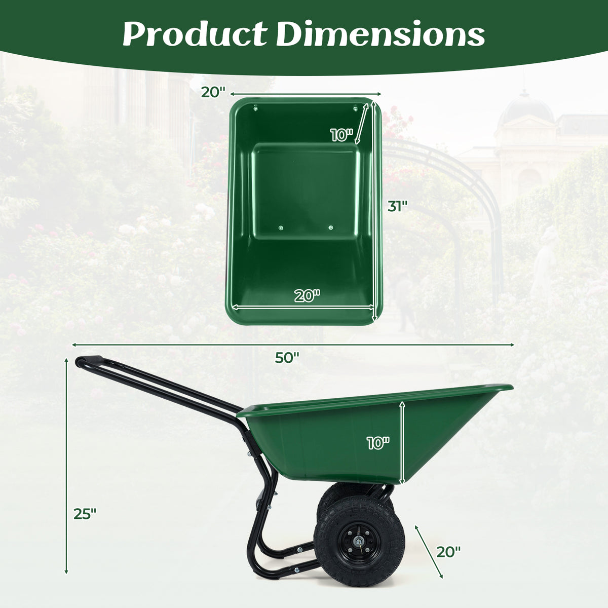 Dual-Wheel Wheelbarrow Garden Utility Cart with Pneumatic Tires-Green
