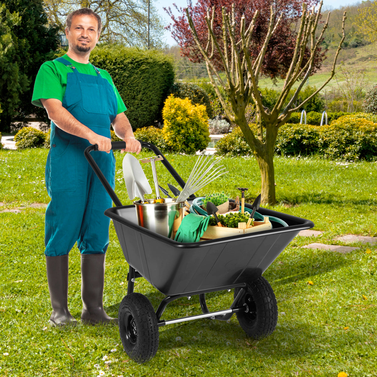 Dual-Wheel Wheelbarrow Garden Utility Cart with Pneumatic Tires-Black