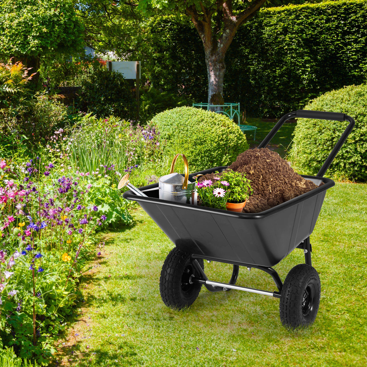 Dual-Wheel Wheelbarrow Garden Utility Cart with Pneumatic Tires-Black