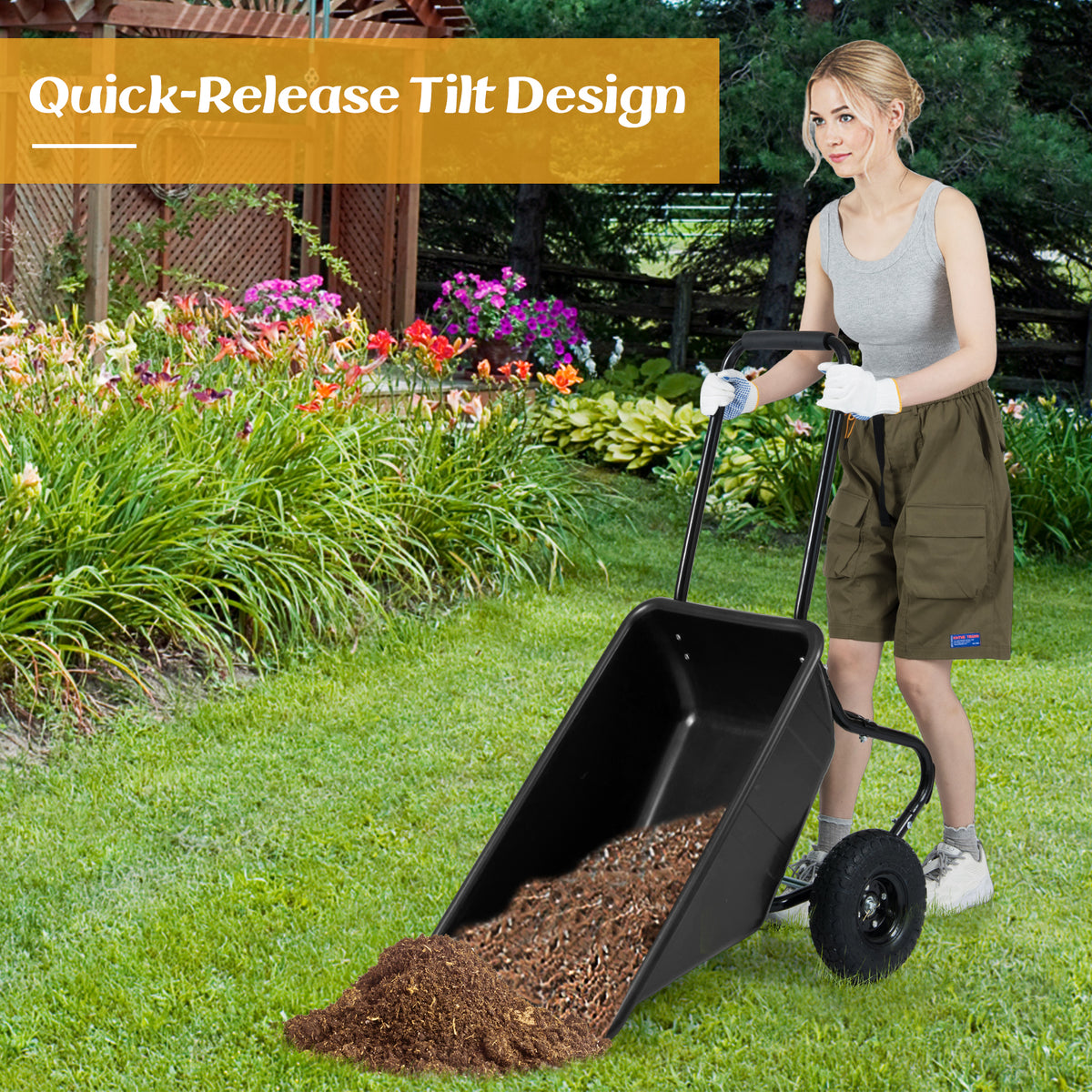 Dual-Wheel Wheelbarrow Garden Utility Cart with Pneumatic Tires-Black