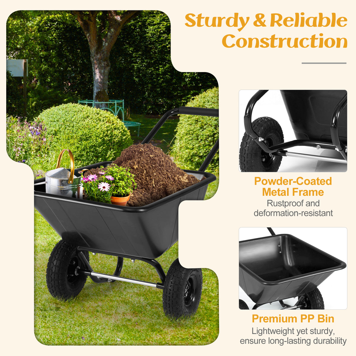 Dual-Wheel Wheelbarrow Garden Utility Cart with Pneumatic Tires-Black
