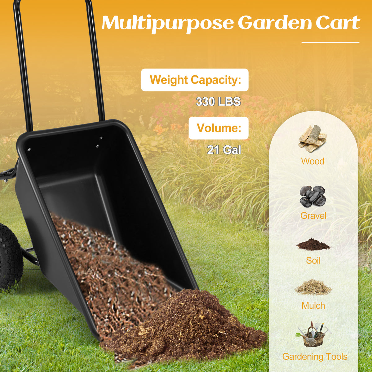 Dual-Wheel Wheelbarrow Garden Utility Cart with Pneumatic Tires-Black