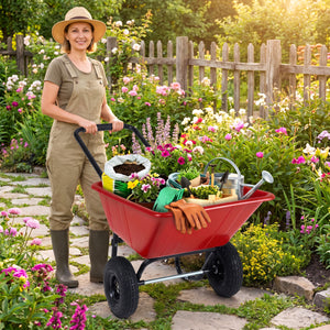 Dual-Wheel Wheelbarrow Garden Utility Cart with Pneumatic Tires-Red