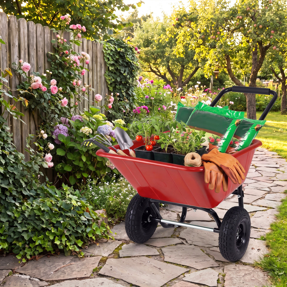 Dual-Wheel Wheelbarrow Garden Utility Cart with Pneumatic Tires-Red