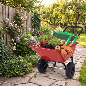 Dual-Wheel Wheelbarrow Garden Utility Cart with Pneumatic Tires-Red