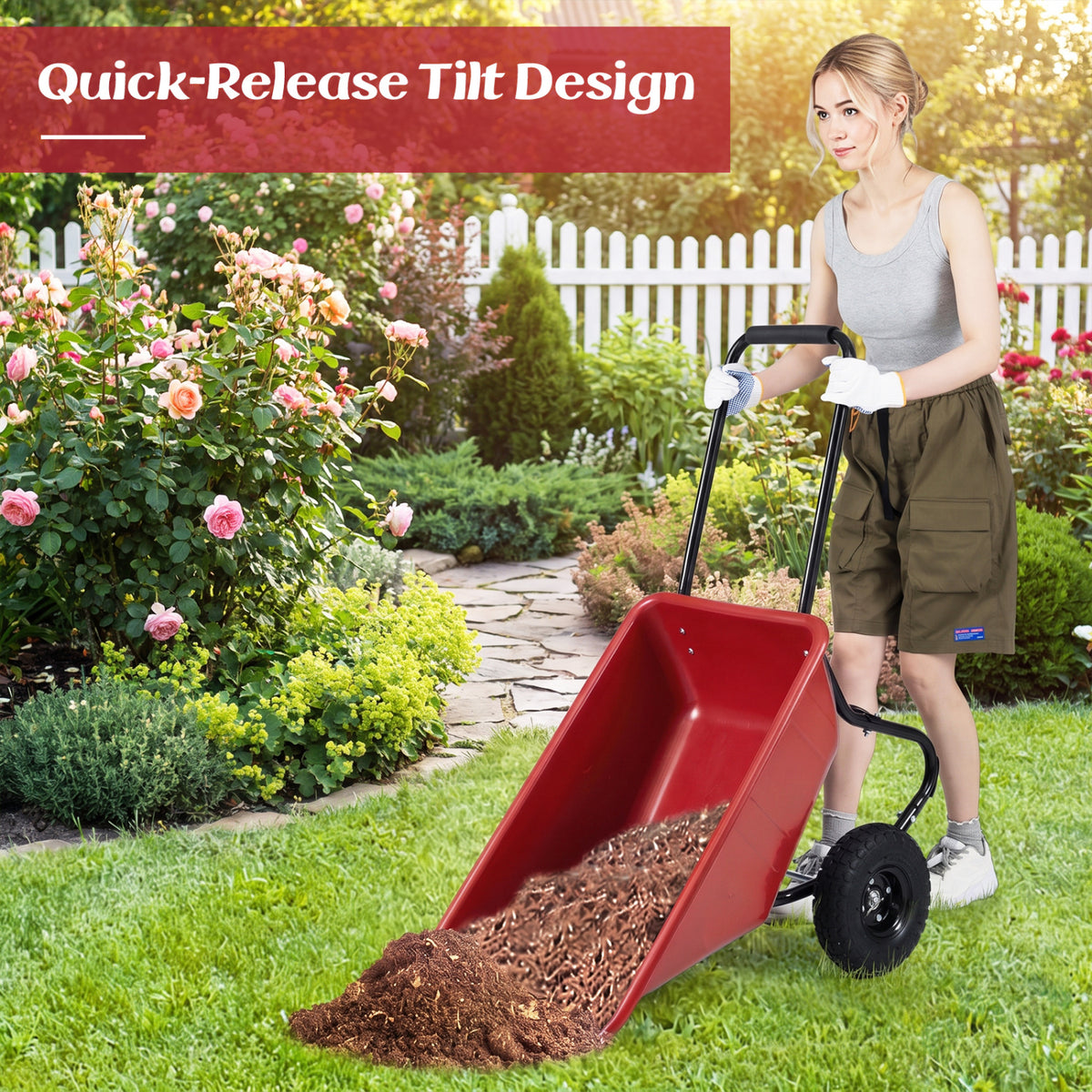 Dual-Wheel Wheelbarrow Garden Utility Cart with Pneumatic Tires-Red