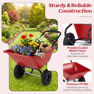 Dual-Wheel Wheelbarrow Garden Utility Cart with Pneumatic Tires-Red