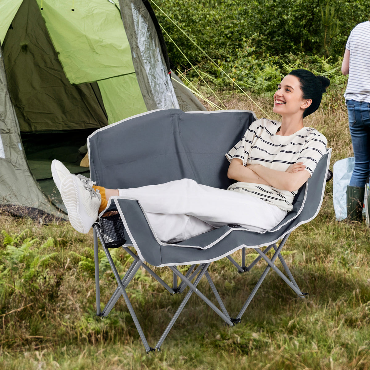 Duo Camping Chair Portable Oversized Loveseat with Armrests and Cup Holders-Gray