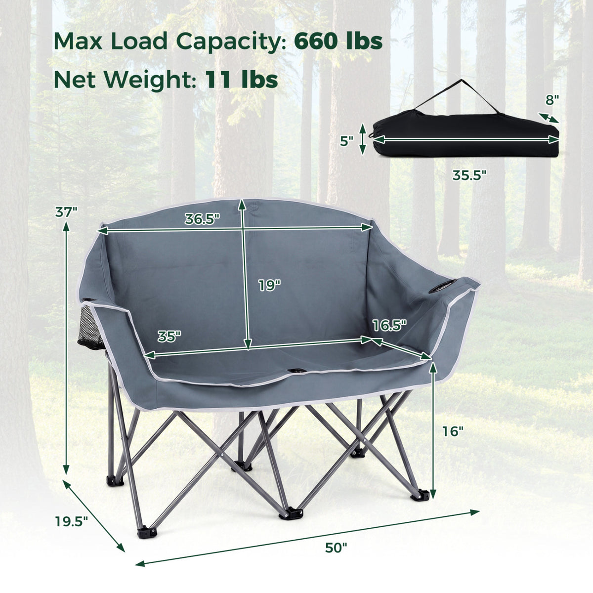 Duo Camping Chair Portable Oversized Loveseat with Armrests and Cup Holders-Gray