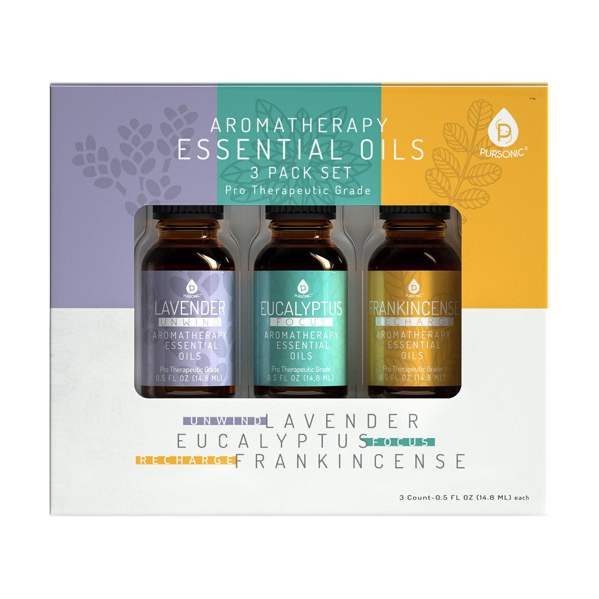 3 Pack Aromatherapy Essential oils (Lavender, Eucalyptus, Frankincense) by Pursonic