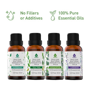 Pursonic 4-Pack Pure & Natural Essential Oils Collection – Eucalyptus, Lavender, Tea Tree, and Peppermint by Pursonic