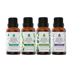 Pursonic 4-Pack Pure & Natural Essential Oils Collection – Eucalyptus, Lavender, Tea Tree, and Peppermint by Pursonic