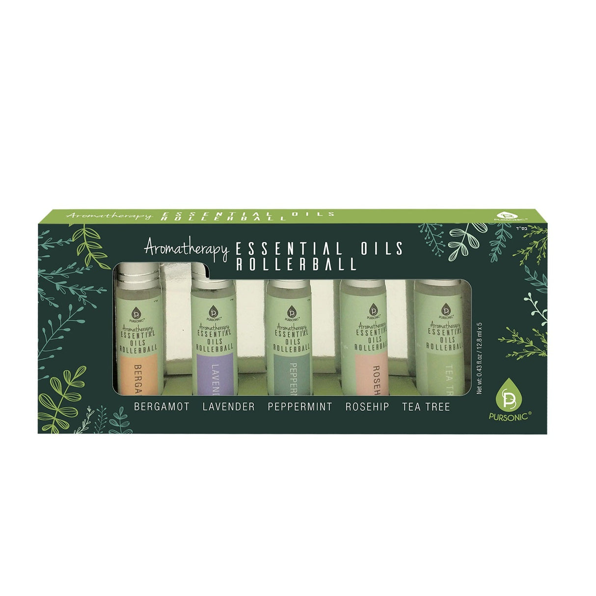 Aromatherapy Essential Oils Rollerballs (Bergamot, Lavender, Peppermint, Rosehip, Tea Tree) by Pursonic