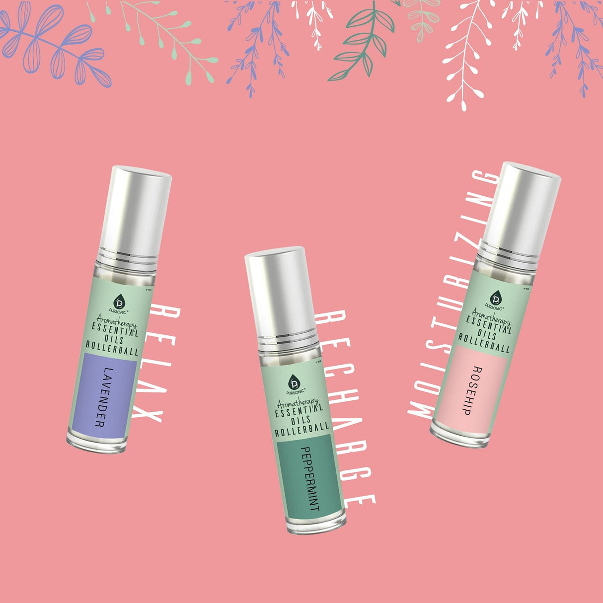 Aromatherapy Essential Oil Rollerballs (Lavender, Peppermint, Rosehip) by Pursonic