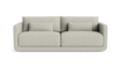 A modern, minimalist two-seater Eva 85" Sofa in beige features clean lines and comes with two matching rectangular cushions on each seat, enhancing its comfortable and stylish look against a black background.