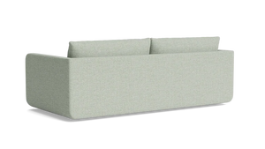 The Eva 85" Sofa is a minimalist piece with a boxy design in light gray, featuring two back cushions. Against a black background, its clean lines and modern aesthetic are perfectly highlighted.