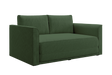 The Eclipse Sofa in Hemp: a modern loveseat in deep green with thick cushions, wide armrests, and fabric upholstery, shown at an angle against a plain white background.