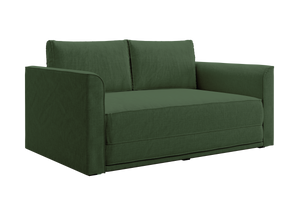 The Eclipse Sofa in Hemp: a modern loveseat in deep green with thick cushions, wide armrests, and fabric upholstery, shown at an angle against a plain white background.